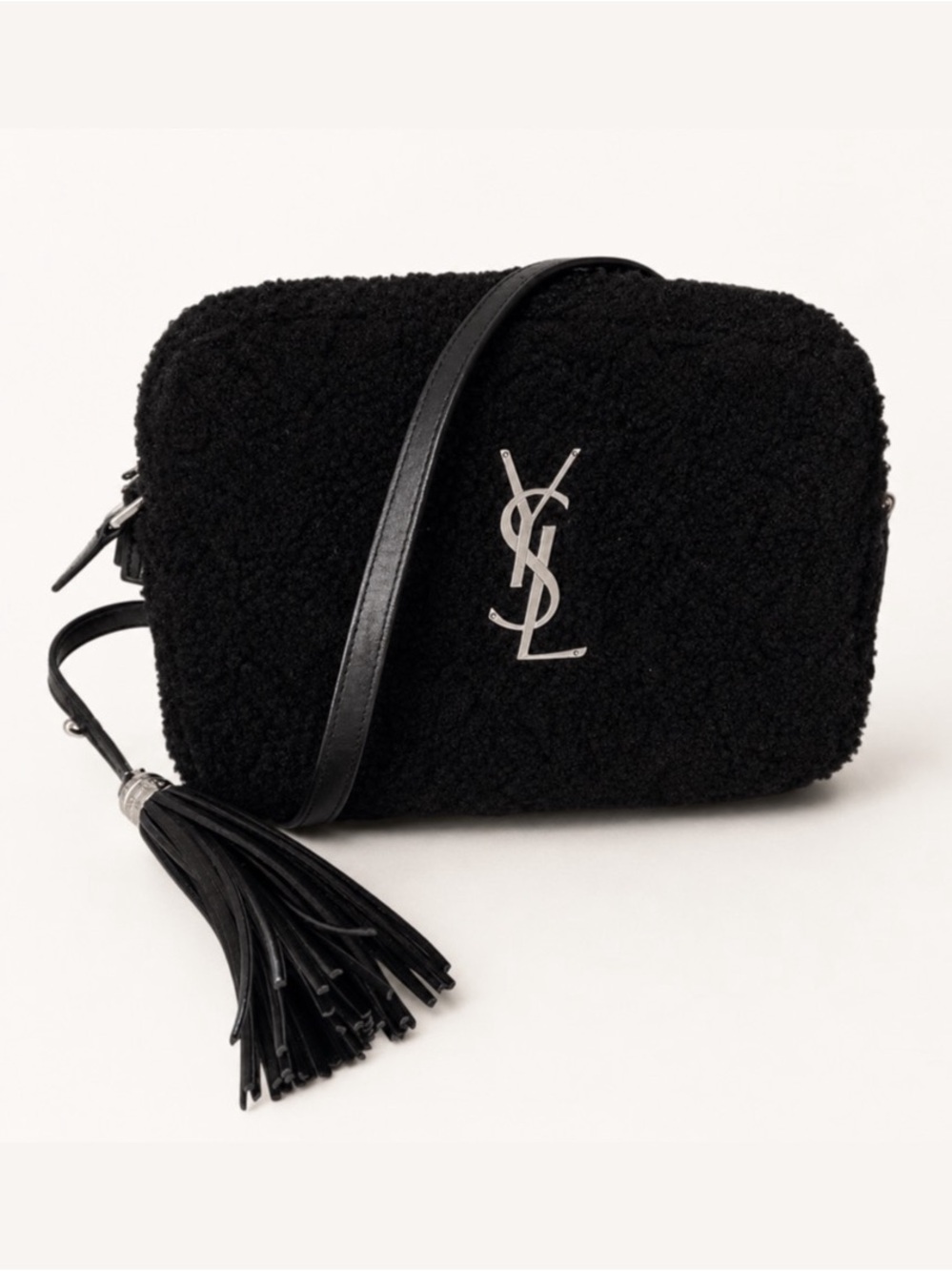 Saint Laurent Lou Camera Bag Black Shearling Silver YSL Crossbody Tassel Charm